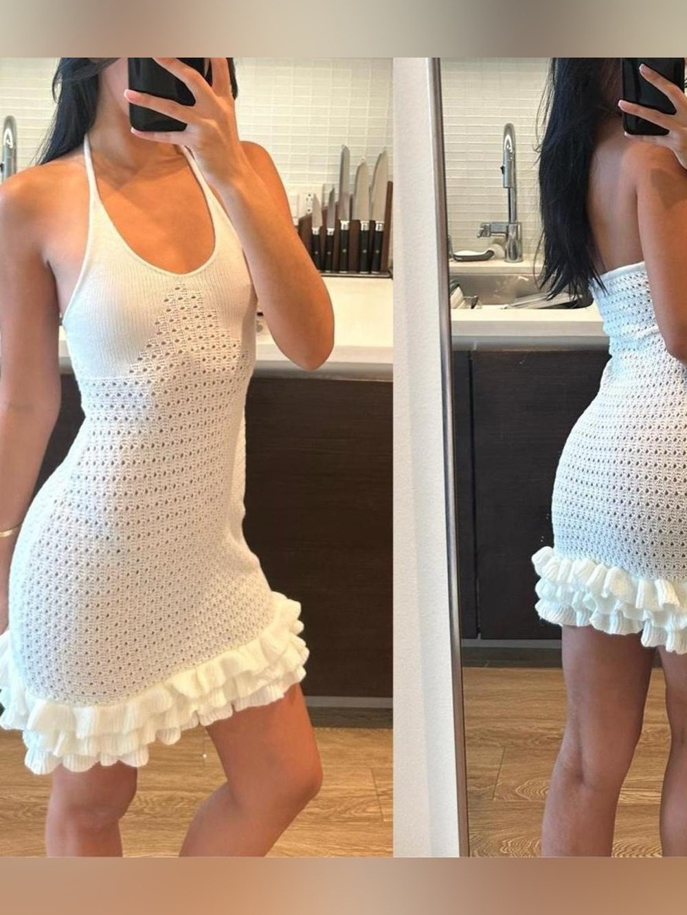 White Crochet Ruffle-Hem Mini Dress - Scoop Neck